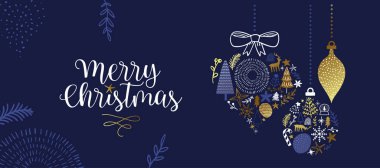 Altın el resimli mutlu noel web şablonu. Mücevher şeklinde kış tatili süslemesi çizilmiş. Fotokopi alanı ile online parti kutlaması için lüks karalama tasarımı.