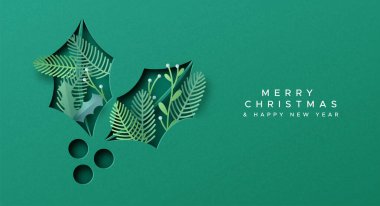 Mutlu Noeller. Yeni yıl tebrik kartı çizimleri. İçinde kış tatili bitkisi süslemeleri olan 3 boyutlu kağıt kesimi. Çevre dostu xmas kutlama tasarımı konsepti.