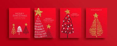 Mutlu Noeller. Lüks altın tebrik kartı seti. Altın parıltılı çam ağacı koleksiyonu. Parti daveti ya da xmas sezonu dileği için şirin İskandinav karikatür tasarımı.