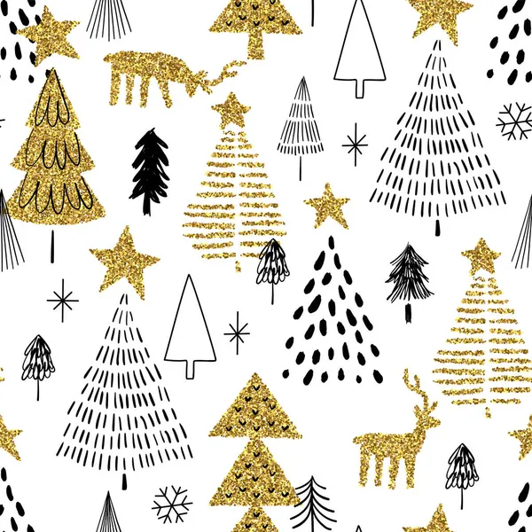 メリークリスマス豪華な手は 黄金の輝きの装飾と松の木のシームレスなパターンを描いた 北欧風の森の人形漫画の背景 — ストックベクタ