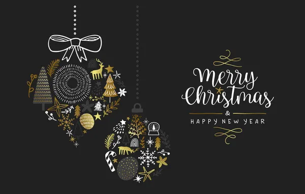 Feliz Navidad Feliz Año Nuevo Tarjeta Felicitación Ilustración Oro Dibujado — Vector de stock
