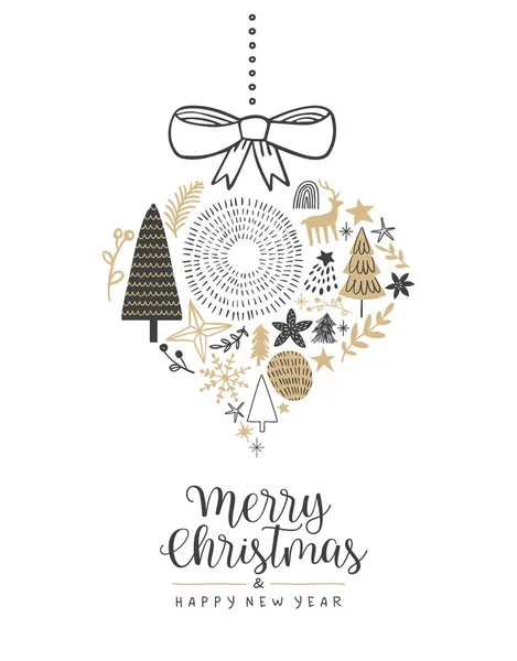 Frohe Weihnachten Frohes Neues Jahr Grußkarte Illustration Handgezeichnete Wintersaisondekoration Kugelornament — Stockvektor