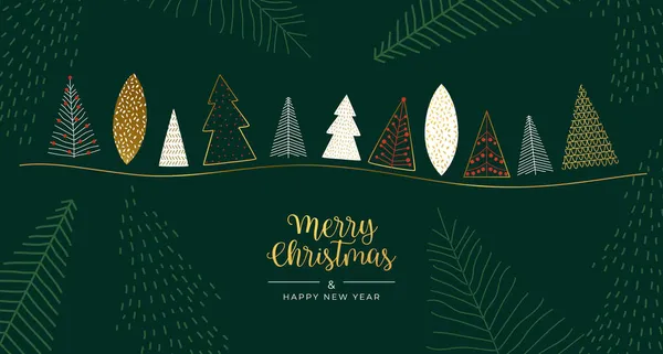 Veselé Vánoce Šťastný Nový Rok Blahopřání Ilustrace Zlatého Borovicového Lesa — Stockový vektor