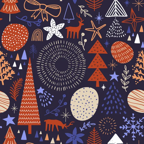 圣诞快乐手绘无缝图案与可爱的寒假卡通画装饰 斯堪的纳维亚风格的森林涂鸦背景包括松树 驯鹿和雪花 — 图库矢量图片