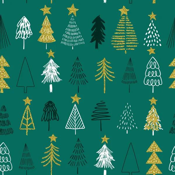 Mutlu Noeller, altın parıltılı süslemeli çam ağacı desenli lüks el çizimi. İskandinav tarzı orman karikatür geçmişi.