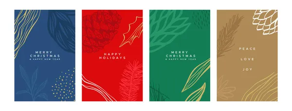 メリークリスマスあけましておめでとうございます抽象的な冬の自然グリーティングカードセット クリスマスのお祝いの季節のための美しい手描きの装飾バナーコレクション — ストックベクタ