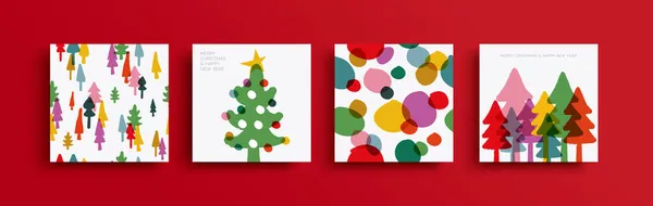 Buon Natale Felice Anno Nuovo Colorato Set Biglietti Auguri Pino — Vettoriale Stock