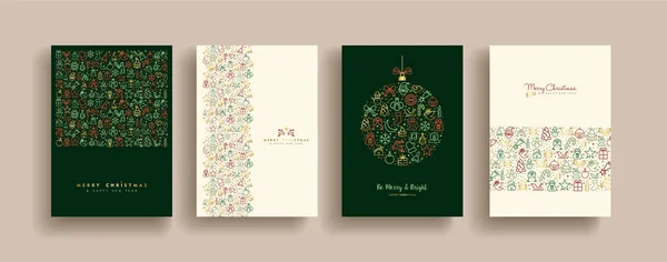 Frohe Weihnachten Gold Outline Ornament Card Set Weihnachtsdekoration Symbolkollektion Für — Stockvektor