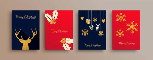 Merry Christmas Gold Glitter Greeting Card Illustration Set Reindeer Holly — Stock Vector