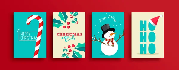 Feliz Natal Conjunto Cartões Desenhos Animados Coleção Banner Boneco Neve — Vetor de Stock