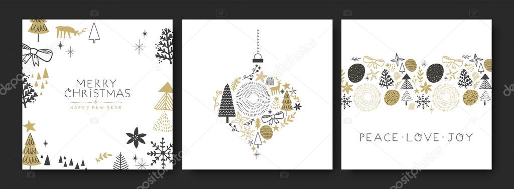Merry Christmas Happy New Year greeting card illustration set. Hand drawn winter season decoration collection. Cute scandinavian cartoon doodles of pine tree, reindeer and bauble ornament.