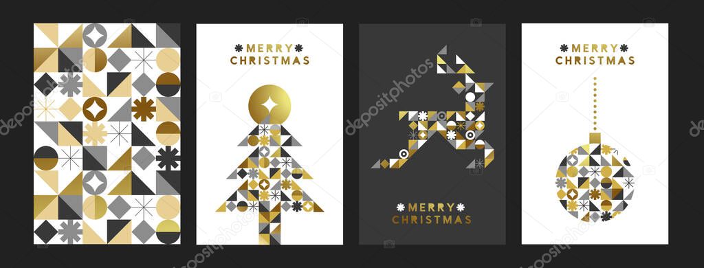 Merry Christmas greeting card illustration set of holiday decoration with gold geometric icons in trendy mosaic style. Luxury design collection for xmas celebration includes reindeer and pine tree.