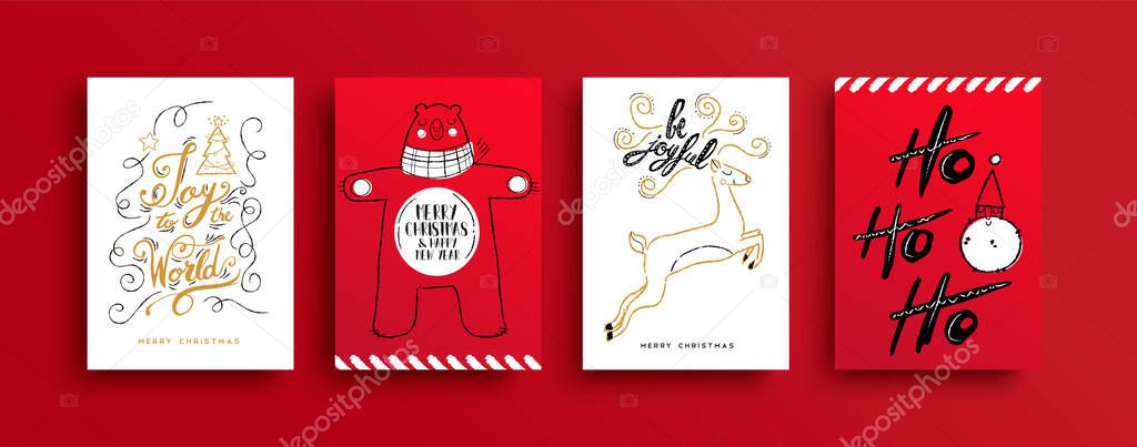 Merry Christmas Happy New Year vintage typography design greeting card set. Hand drawn reindeer, bear and santa claus cartoon collection with festive holiday message.