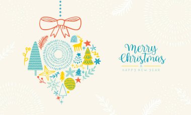 Mutlu Noeller yeni yıl tebrik kartı illüstrasyonları, el çizimi kış sezonu süsü şeklinde süslemeler. Çam ağacı, ren geyiği ve kar tanesinin sevimli İskandinav karikatürleri.. 