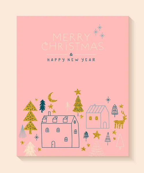 メリークリスマストナカイと黄金の輝きの松の木の村の新年の挨拶カードのイラスト パーティー招待状やお祝いイベントのためのかわいい北欧スタイルの漫画 — ストックベクタ