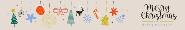 圣诞快乐新年快乐网页横幅插图手绘过冬装饰装饰品 斯堪的纳维亚风格的涂鸦设计 用于派对邀请或圣诞祝福 — 图库矢量图片