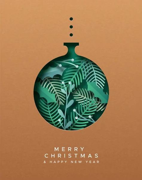 Grüne Weihnachtsgrußkarte Illustration Von Papercut Christbaumkugel Mit Ausschnitt Kiefernblatt Dekoration — Stockvektor