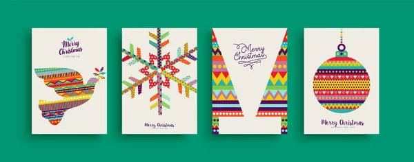 Merry Christmas Holiday Folk Art Card Collection Template Set Scandinavian — Stock Vector