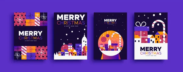 Veselé Vánoce Šťastný Nový Rok Blahopřání Ilustrační Set Pro Prázdninové — Stockový vektor