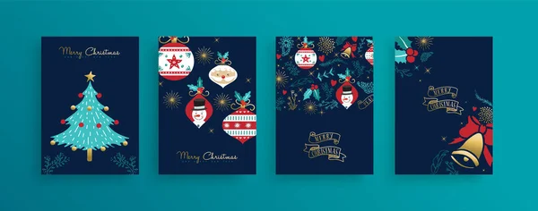 Merry Christmas Cartoon Greeting Card Set Gold Color Xmas Decoration — Stock Vector