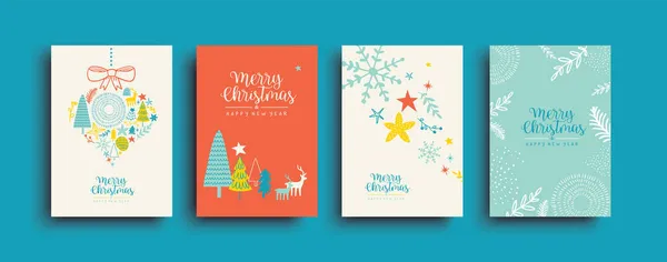 Καλά Χριστούγεννα Ευτυχισμένο Νέο Έτος Ευχετήρια Κάρτα Εικονογράφηση Σετ Πολύχρωμη — Διανυσματικό Αρχείο