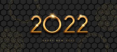 Mutlu yıllar 2022 Lüks tebrik kartı illüstrasyonları. Üzerinde parti simleri ve takvim numarası olan altın rengi 3D yüzük çerçevesi koyu mavi arka planda. Zarif kutlama etkinliği tasarımı.