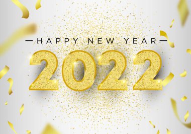 Mutlu yıllar 2022 web pankartı gerçekçi 3D altın folyo balon üzerinde zarif kırmızı arka planda parti konfetisiyle. Dinamik balonlar Noel davetiyesi ya da sezon etkinliği için yüzen dizayn.