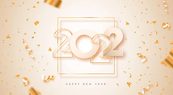 祝2022年新年贺卡插画快乐 现实的3D黄金数字日期签署在白色背景与黄金党Confetti 奢华的节日宴会请柬设计 — 图库矢量图片
