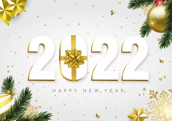 Boldog Évet 2022 Üdvözlőkártya Illusztráció Arany Ünnep Dísz Baubles Arany — Stock Vector