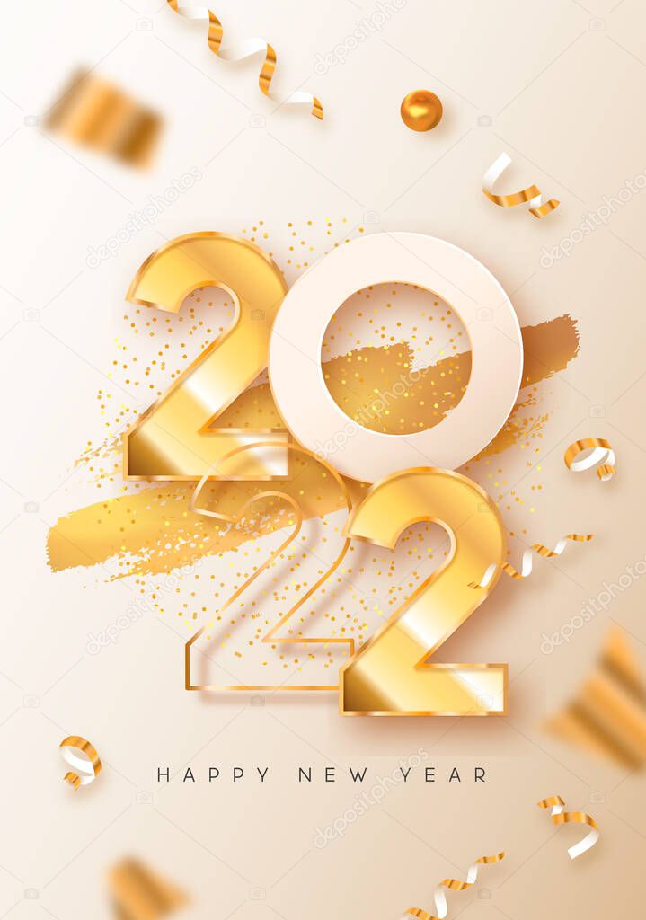 Happy New Year 2022 greeting card illustration. Realistic 3d gold number date sign on white background with golden party confetti and glitter. Luxury celebration invitation design for holiday event.