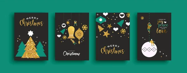 Vrolijk Kerstfeest Elegante Wenskaart Set Kleine Mensen Personages Spelen Met — Stockvector