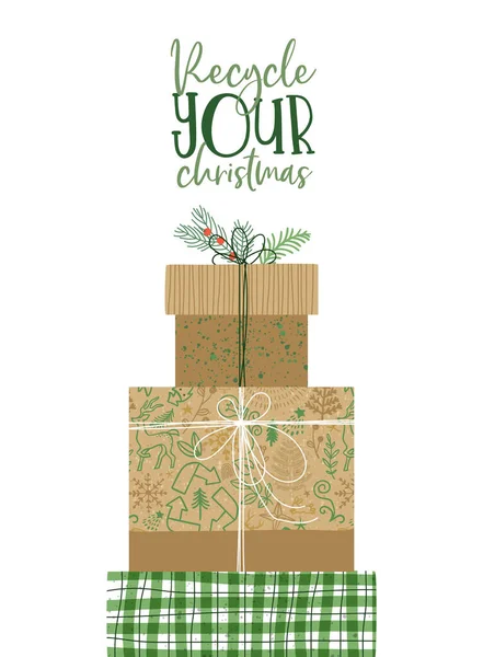 Joyeux Écologique Carte Vœux Noël Illustration Papier Emballage Recyclé Cadeau — Image vectorielle