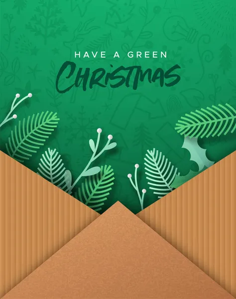 Groene Kerstkaart Illustratie Van Papercut Bericht Met Uitgesneden Dennenboom Blad — Stockvector