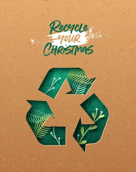 Grön Jul Gratulationskort Illustration Papercut Återvinna Pilen Symbol Med Utskuren — Stock vektor