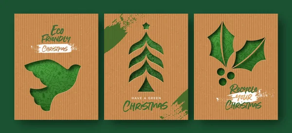 Veselé Vánoční Blahopřání Ilustrační Set Zelená Papírová Dovolená Dekorace Ekologickou — Stockový vektor