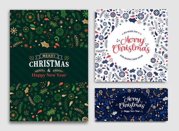 Vrolijk Kerstfeest Gelukkig Nieuwjaar Retro Winter Ornament Kaart Set Kerstversiering — Stockvector