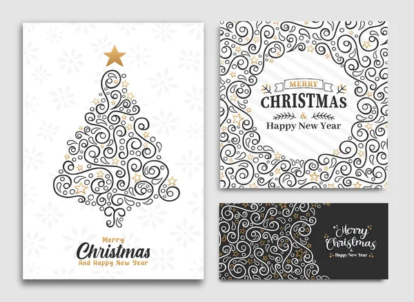 Feliz Natal Feliz Ano Novo Conjunto Cartões Felicitações Desenhos Animados —  Vetores de Stock