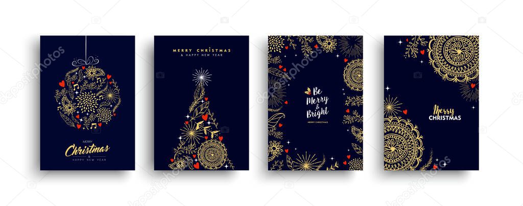 Merry Christmas Happy New Year gold cartoon ornament card set. Hand drawn love decoration collection for winter holiday celebration event or party invitation.