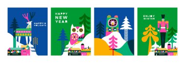 Mutlu kış tatili tebrik kartı setleri. İskandinav sanat tarzında modern düz geometrik çizim koleksiyonu. Renkli çam ağacı ormanları, geyikleri, ayıları ve noel evleri olan kış şehri..