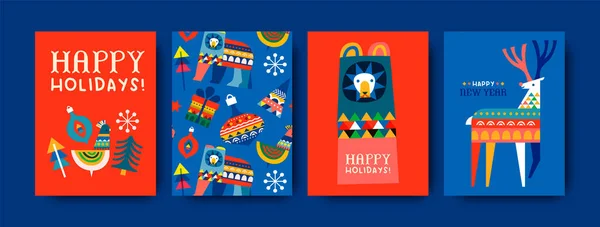 パターンで設定された幸せな休日や新年の挨拶カード 子供の民俗芸術スタイルのイラストコレクション カラフルな冬の季節の装飾には トナカイ クリスマスツリーが含まれます — ストックベクタ