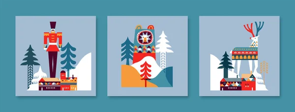 冬のグリーティングカードイラストセット 一般的な休日のイベントや子供のコンセプトのためのヴィンテージ北欧アートスタイルのコレクション かわいいフラット北欧動物 都市や松の木の森の漫画 — ストックベクタ