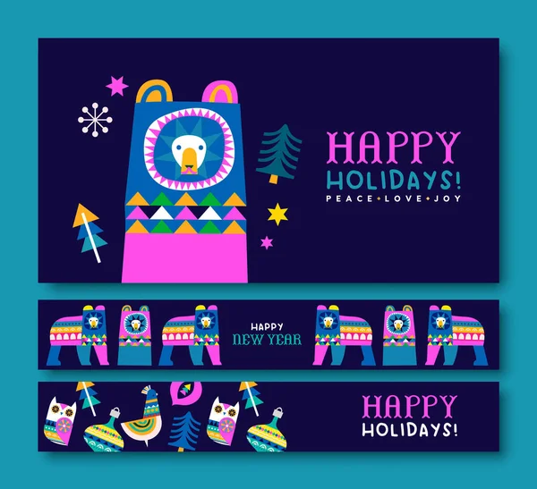 Happy Holiday Scandinavian Folk Art Greeting Card Set Thin Web — Stock Vector