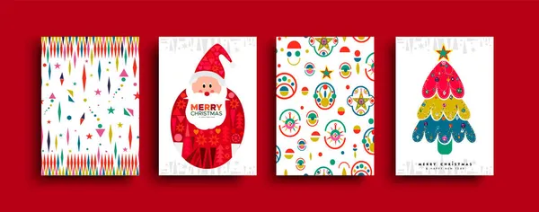 圣诞快乐新年假期民俗艺术卡片收藏 喜庆色彩的北欧风格圣诞树 桑塔爪和传统几何图形模板 — 图库矢量图片