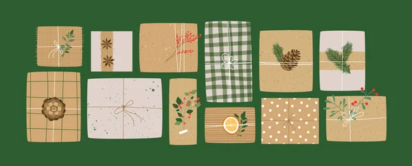 Umweltfreundliches Weihnachts Geschenk Box Illustrations Set Handgemachte Geschenk Kollektion Mit — Stockvektor