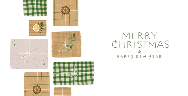 圣诞快乐新年快乐贺卡图片说明回收包装纸礼物与绿色冬季植物装饰 派对邀请或假日讯息的自然护理概念 — 图库矢量图片