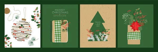 メリークリスマス新年のグリーティングカードイラスト緑の自然冬の植物の装飾や環境に優しい木製の装飾品のセットを迎えます Xmasお祝いイベントのための自然工芸休日コレクション — ストックベクタ