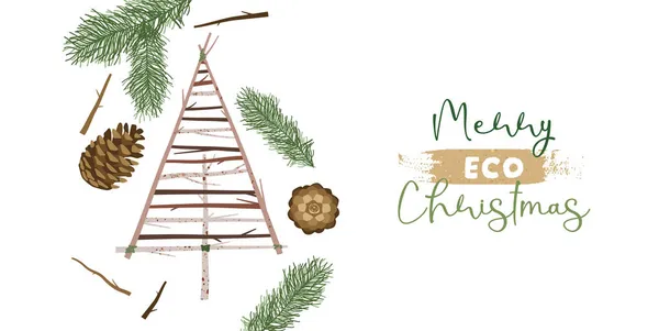 Joyeux Éco Carte Voeux Noël Illustration Pin Fait Décoration Naturelle — Image vectorielle