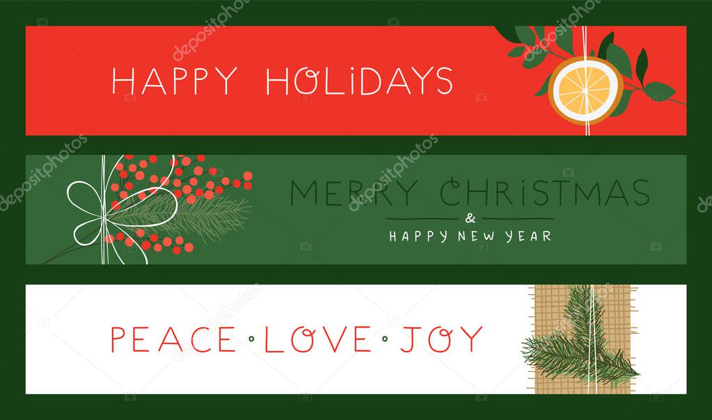 Merry Christmas Happy New Year web banner illustration set of gift wrapping paper with winter nature decoration. Festive card collection for party invitation or holiday event.