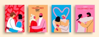 Elle çizilmiş çizgi film çiftleriyle Sevgililer Günü kartlarının çizimi kutlu olsun. Çeşitli erkek arkadaş ve kız arkadaş grupları birbirine sarılıyor. 14 Şubat bayram etkinliği geçmişi.