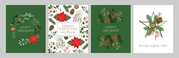 Buon Natale Felice Anno Nuovo Biglietto Auguri Illustrazione Set Verde — Vettoriale Stock